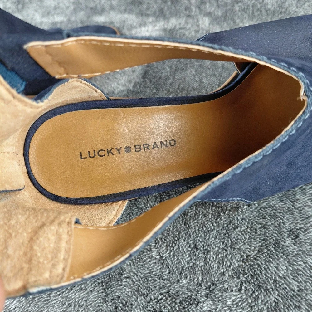 Lucky Brand Saimy Navy Blue Leather Peep‎ Toe Block Heel Sandals Mens 8M 38.5